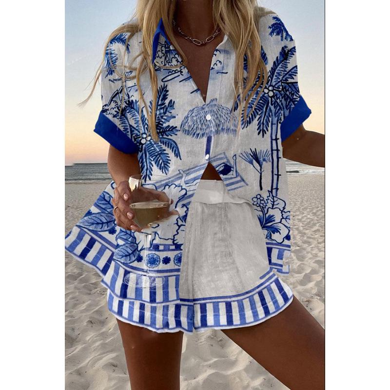 Sommar Ny Dam Tryckt Kortärmad Skjorta Set Hög Midja Löst Tryckt Shorts Tvådelat Casual Mångsidigt Set