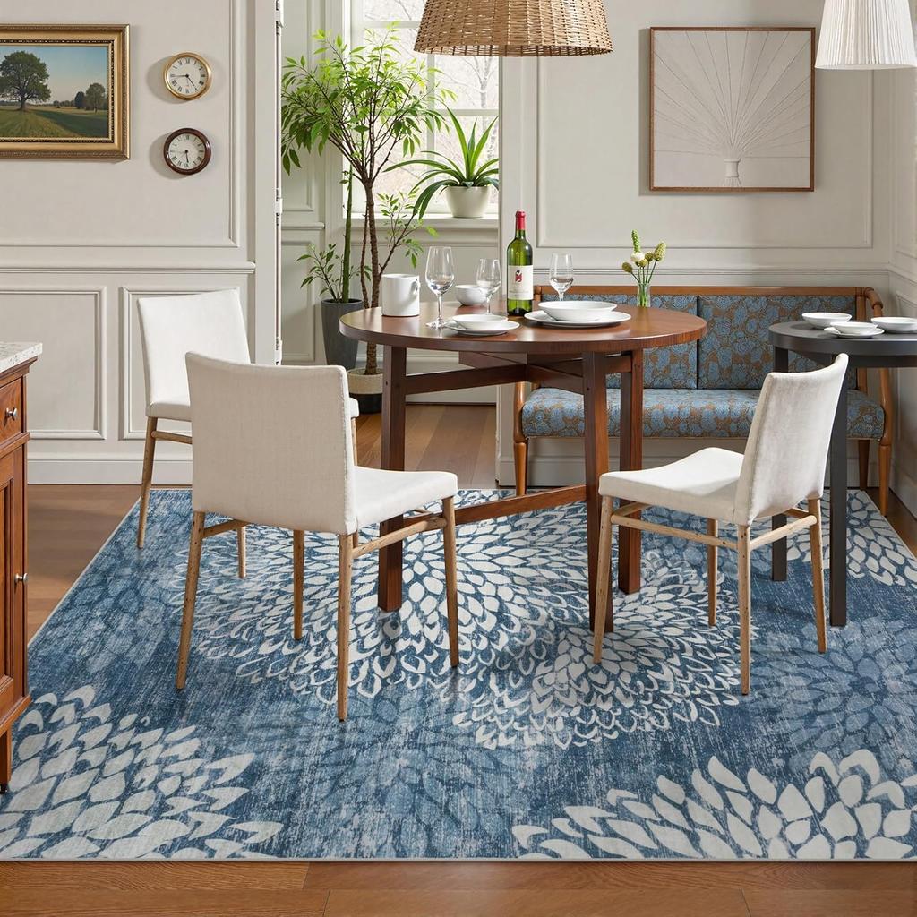 Blue Dahlia Floral Rug, Washable Non Slip Carpet for Living Room Bedroom, Versatile Boho Home Decor