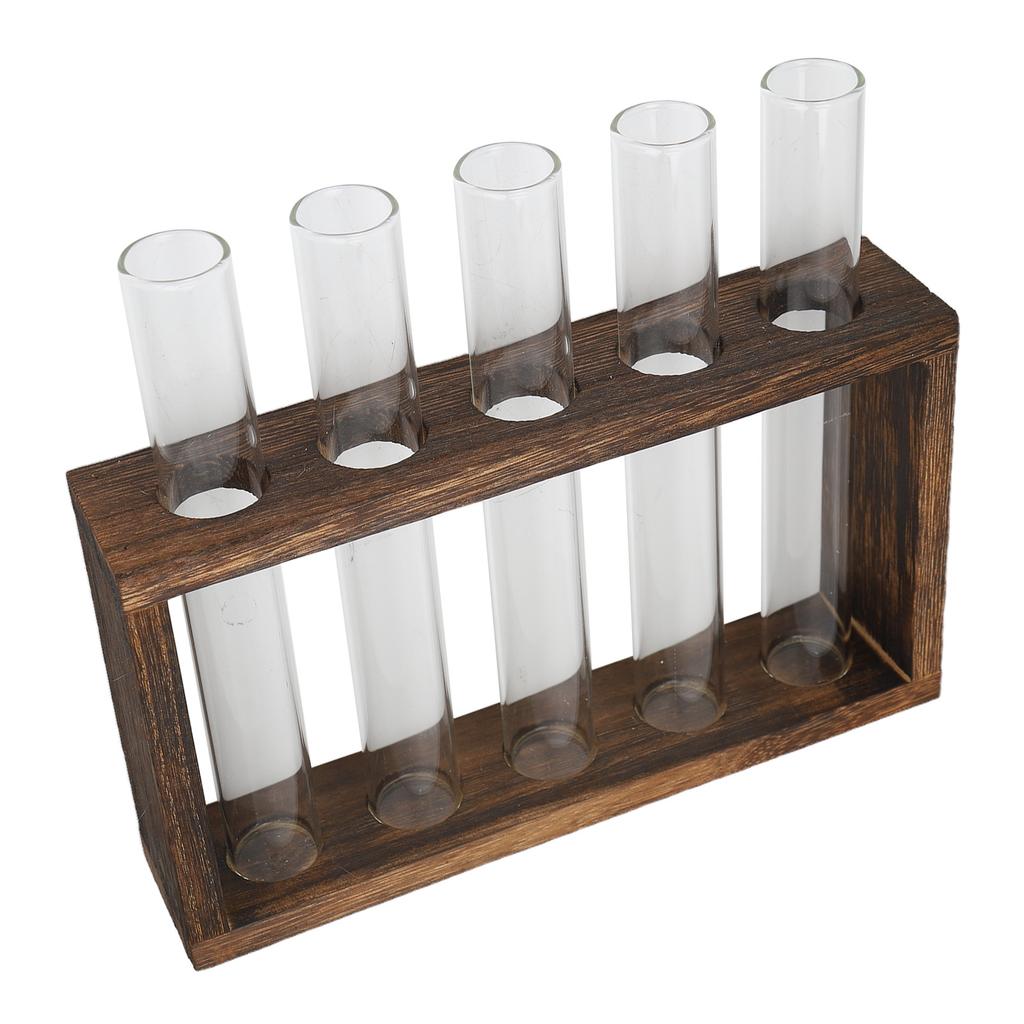 Tabletop Glass Tube Vase High Borosilicate Glass Pine Wood Frame Retro Tube Plant Vase for