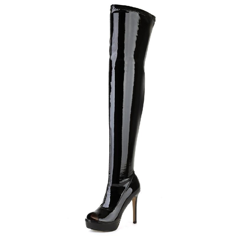 Sexy Thigh High Boots Women Shoes Fashion Peep Toe Over the Knee Boots Female Large Size Zipper Black White Fetish Dance Shoes