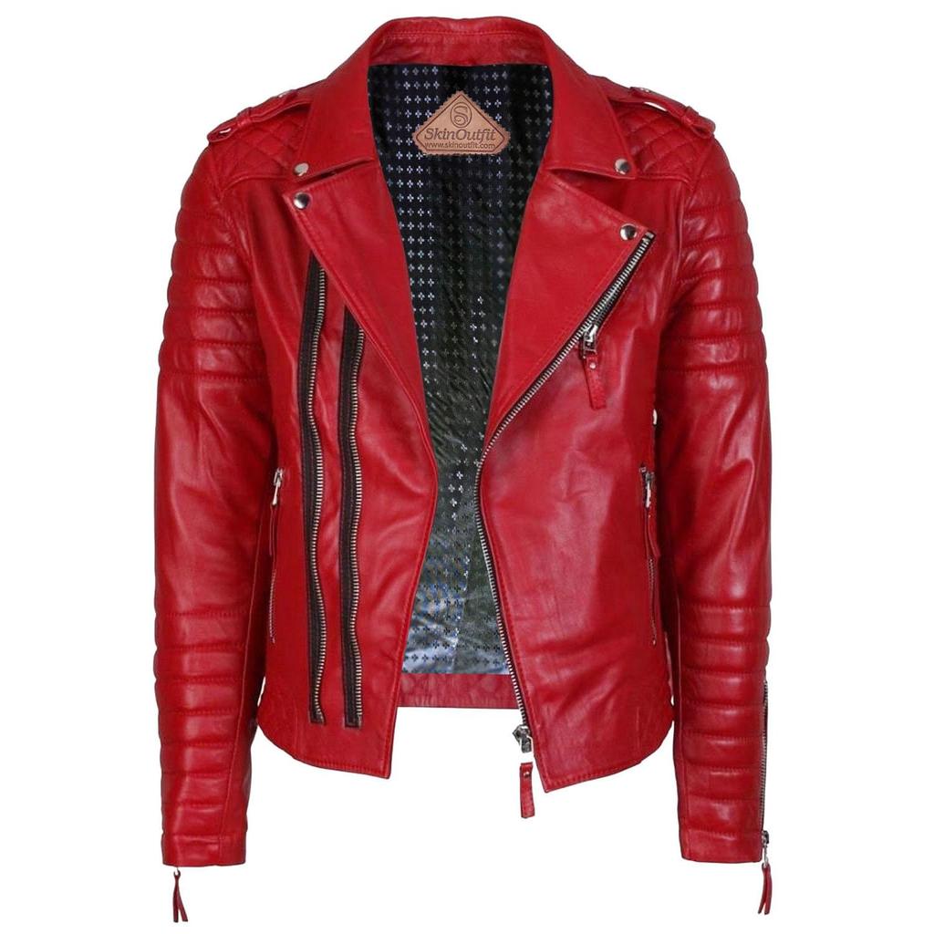 SKINOUTFIT Men Biker Leather Jacket Genuine Red Lambskin Café Racer Motorcycle Outerwear