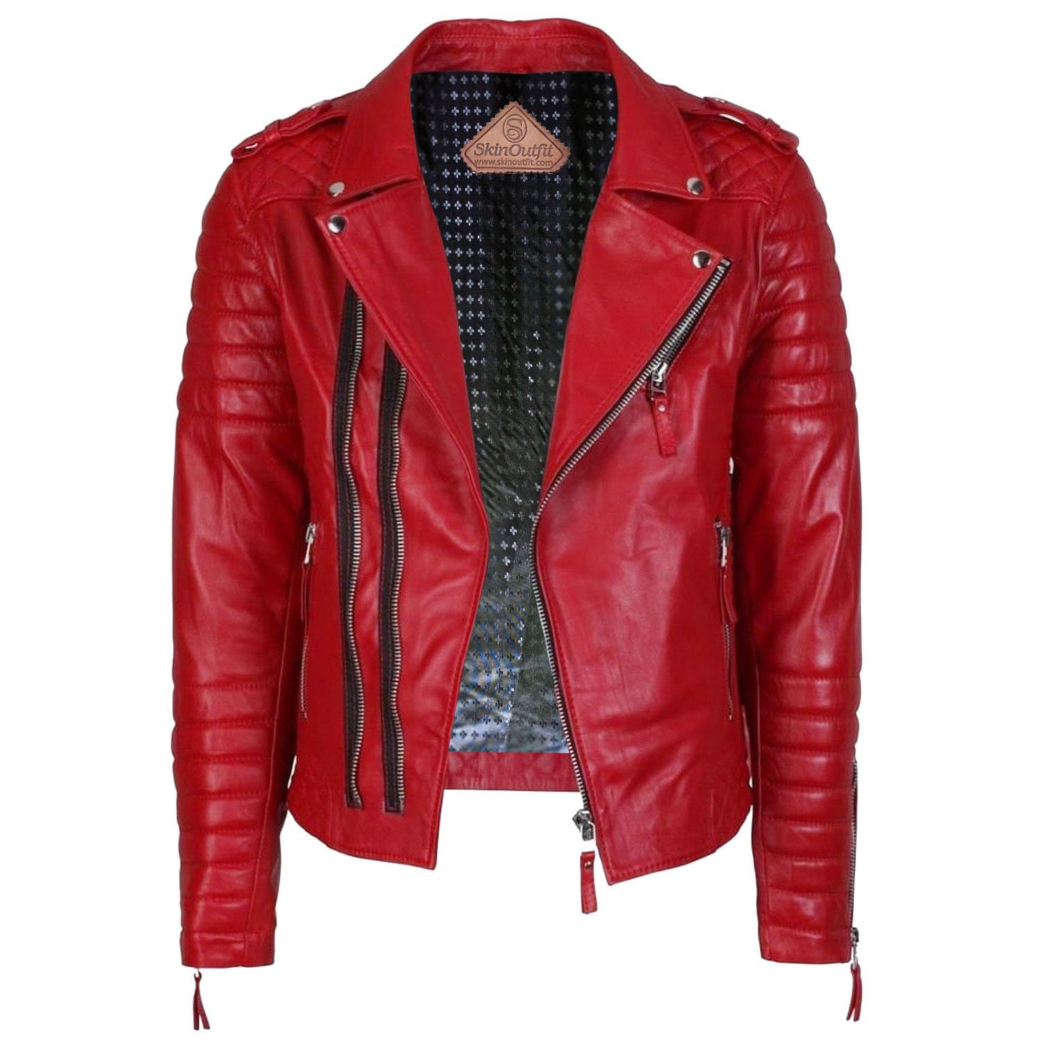 

SKINOUTFIT Men Biker Leather Jacket Genuine Red Lambskin Café Racer Motorcycle Outerwear XXL червоний