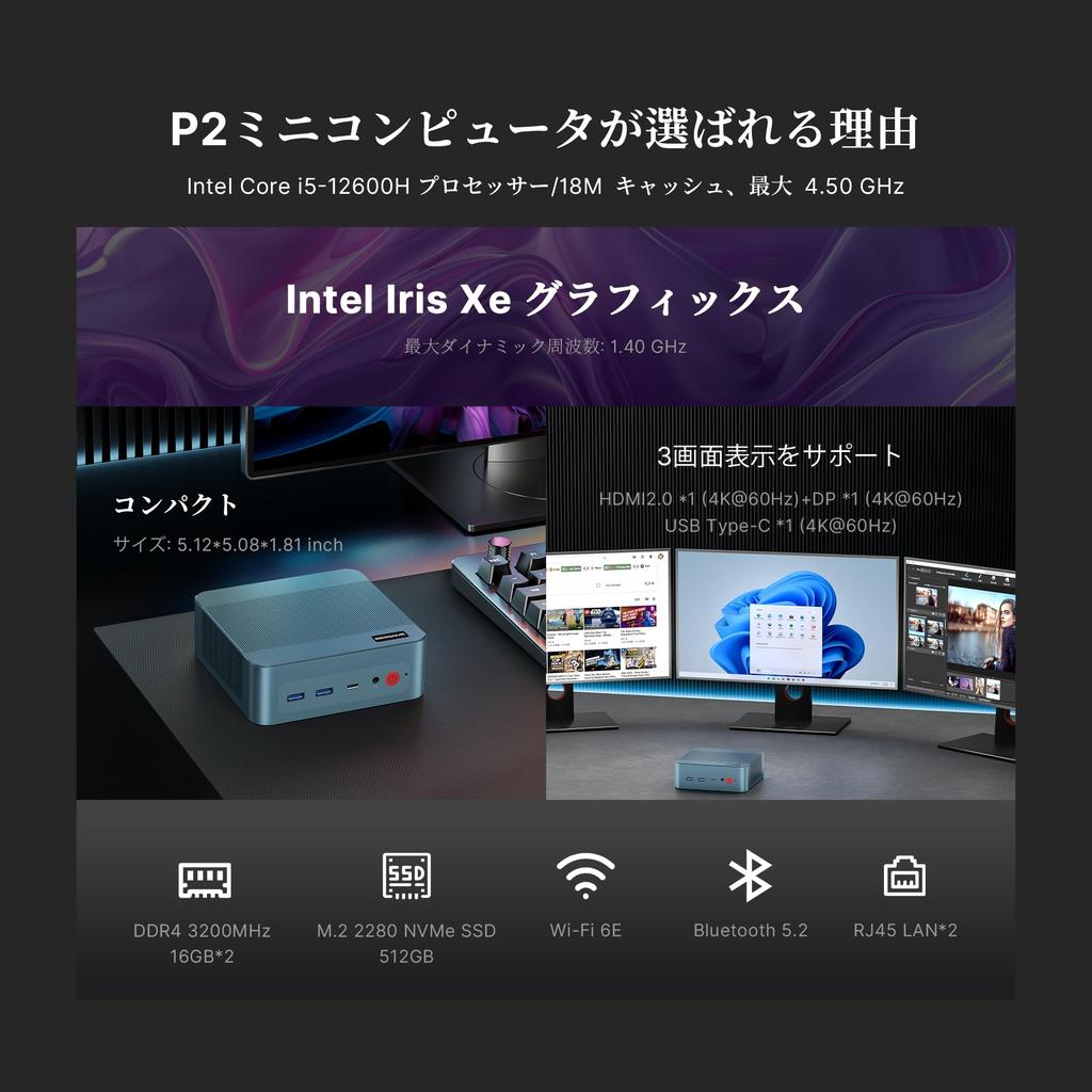 Intel Mini PC i5 12600H BOSGAME P2 Mini PC 32GB DDR4 3200Mhz RAM 512GB PCIe NVMe SSD Mini PC Vybaveno Windows 11 Pro WiFi 6E Dual LAN screen Gen2