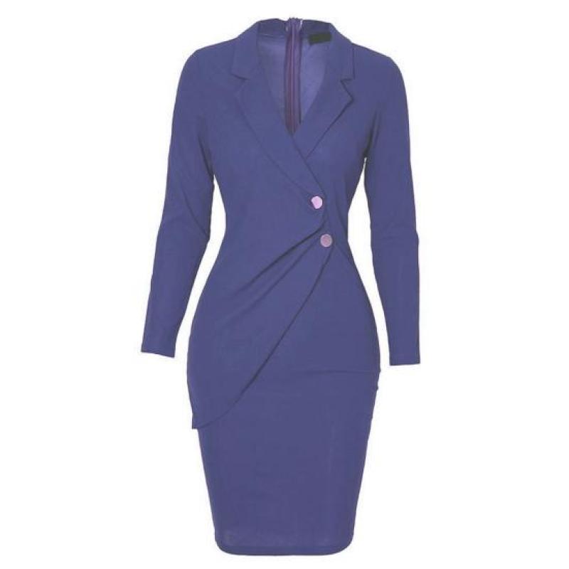 Women's Solid Color Long Sleeve V Neck Button Zipper Slim Fit Mid Length Formal Dress