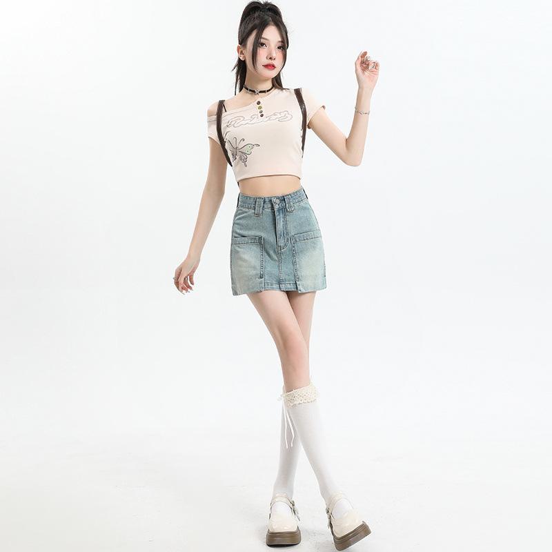 Light Blue Denim Short Skirt for Women In Summer High Waist Slim and Elastic Small Hot Girl A-line Hip Skirt Wide Legs