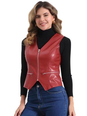 Allegra K Women's Faux Leather Coat, V-Neck, Sleeveless, Zippered Motorcycle Biker Vintage Vest Jacket, Red, Size M