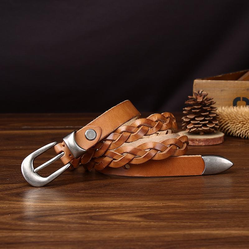 Genuine Leather Hand-Woven Belt Women'S Trend Versatile Personality Retro First Layer Cowhide Jeans Belt Waist Skirt