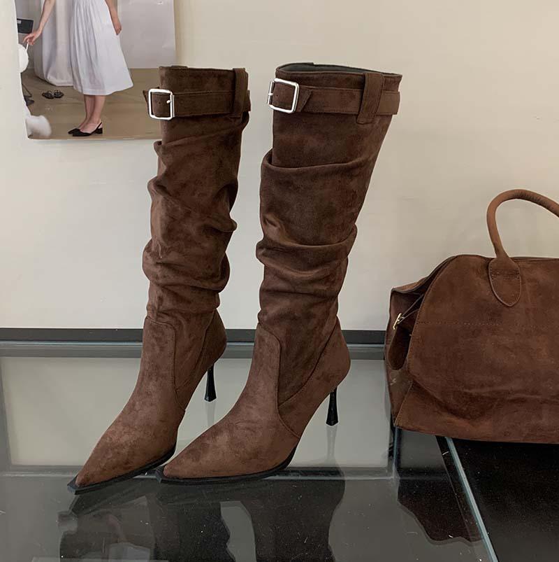 Sexy pointed suede pleated piled boots women's high heel fashion belt buckle tall thin boots thin heel European and American boots