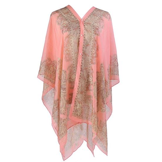 Women Summer Beach Bikini Cover Up Loose Chiffon Blouse Shawl Scarf with Buttons