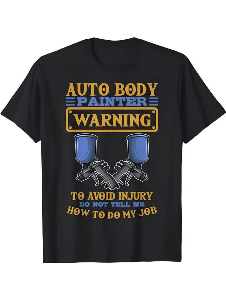 Men's Auto Body Painter T-Shirt - 100% Cotton Black with Yellow Auto Sprayer & Caution Sign Print, S
