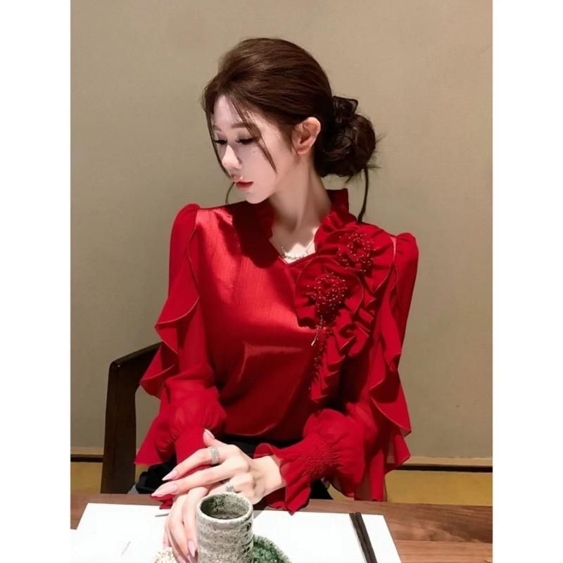 Winter Light Luxury Unique Design Christmas New Year Wear Red Three-dimensional Flower Shirt Top