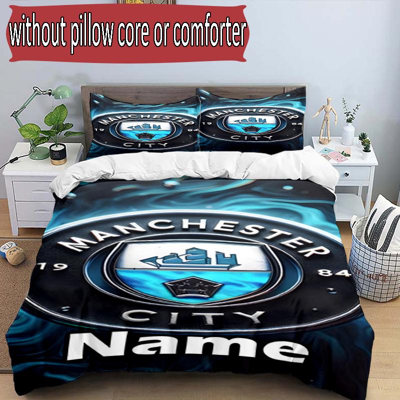 3pcs Duvet Cover Set (1*Duvet Cover + 2*Pillowcase, Without Core), Custom Name Manchester City FC Pattern Bedding Set, Home Bedroom Decor Gift