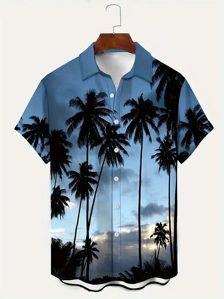 Summer Essential! Tropical Sunset Sailing Print Short Sleeve Shirt, Casual Beach Shirt