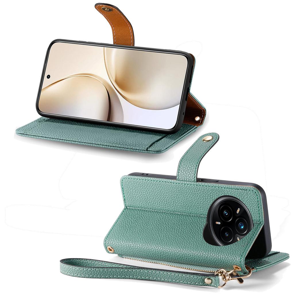 For Realme 14 Pro+ 5G Case RFID Blocking Zipper Pocket Leather Wallet Phone Cover with Strap