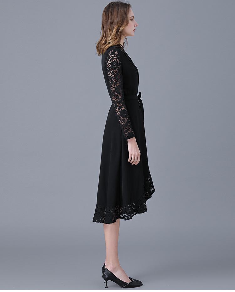 Black Hepburn-Style Patchwork Lace A-Line Dress - Plus Size, Mid-Length, Autumn/Winter Collection