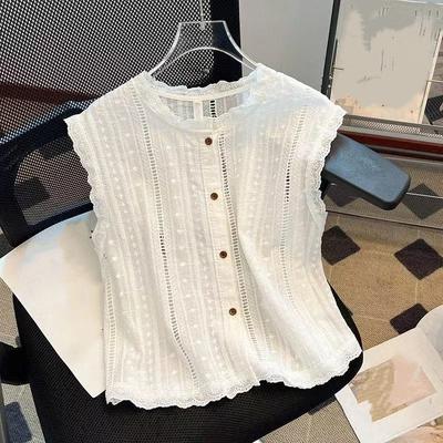 Blusa da Donna Senza Maniche con Bordi in Pizzo Bianco Ricamo a Occhiello Top con Bottoni
