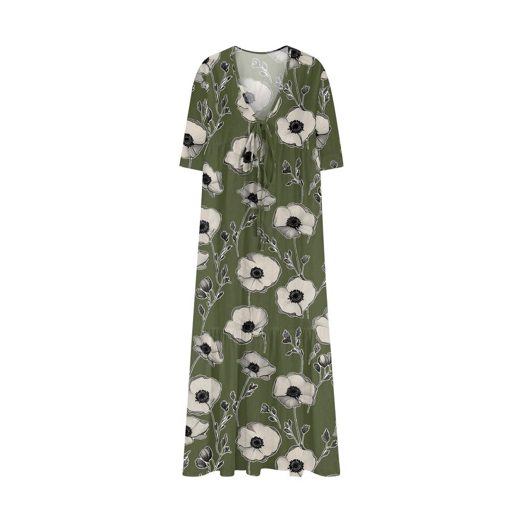 Women's Summer Fashion V-neck Retro Floral Print Short Sleeved Beach Dress With Lace Patchwork Dress