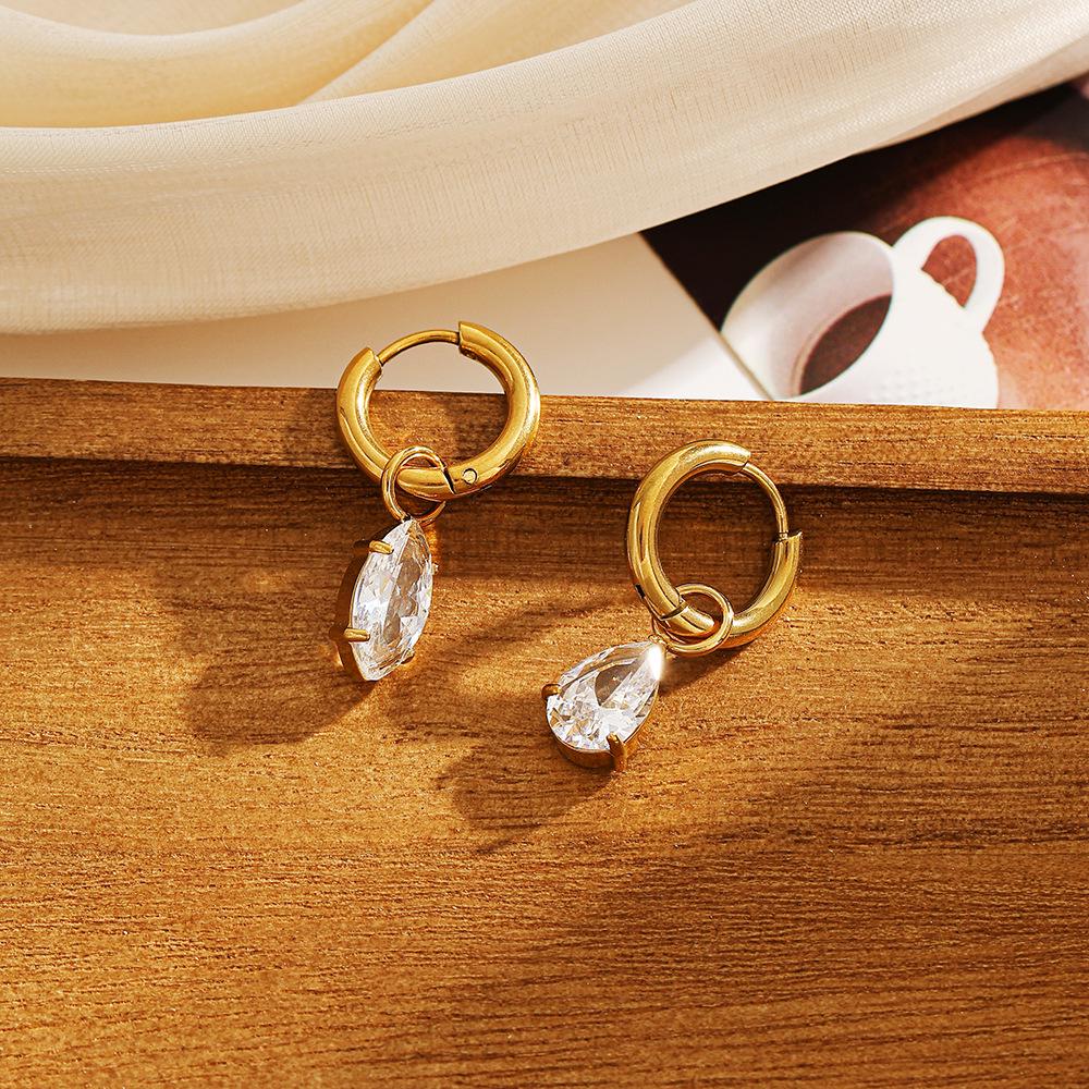European & American Style Zircon Water Drop Earrings - High Polished Stainless & Titanium Steel, Vacuum Plated 18K Gold, Waterproof.