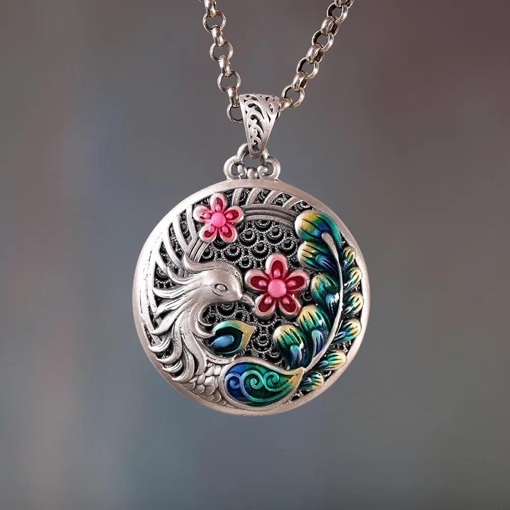 Sterling Silver Phoenix & Plum Blossom Enamel Cloisonné Long Necklace Pendant for Women