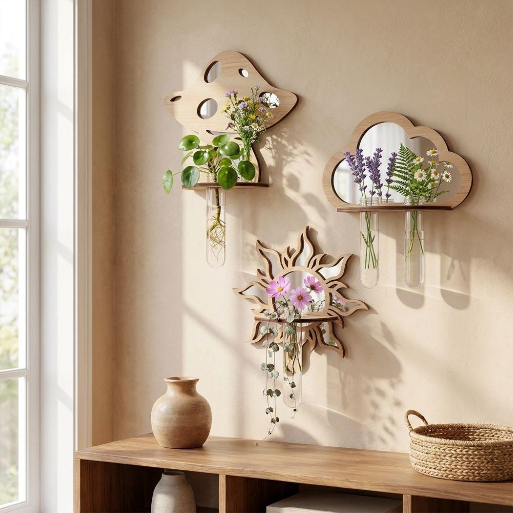 Mushroom House Wood Wall Mount Flower Shelf Mirror Hanging Plant Panel Balcony Decor