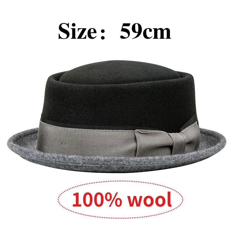 Autumn and Winter Vintage Premium Wool Felt Pork Pie Hat for Men Women Short Brim Elegant Ribbon Bow Dress Fedora Hat Unisex