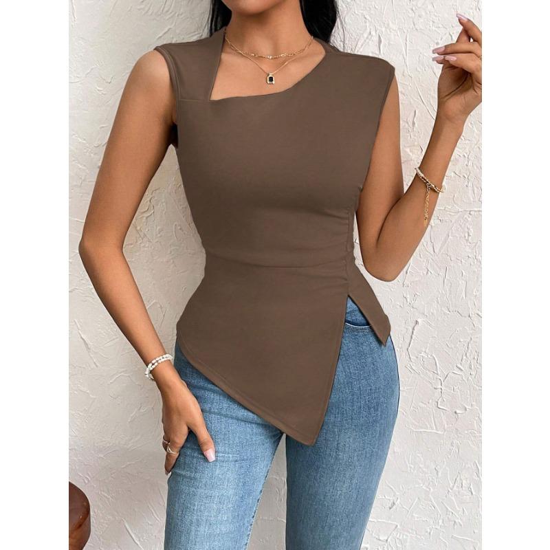 DAFIFY Women's Fashion Casual Summer Spring Solid Color Print Sleeveless Oblique Collark Blouses & Shirts