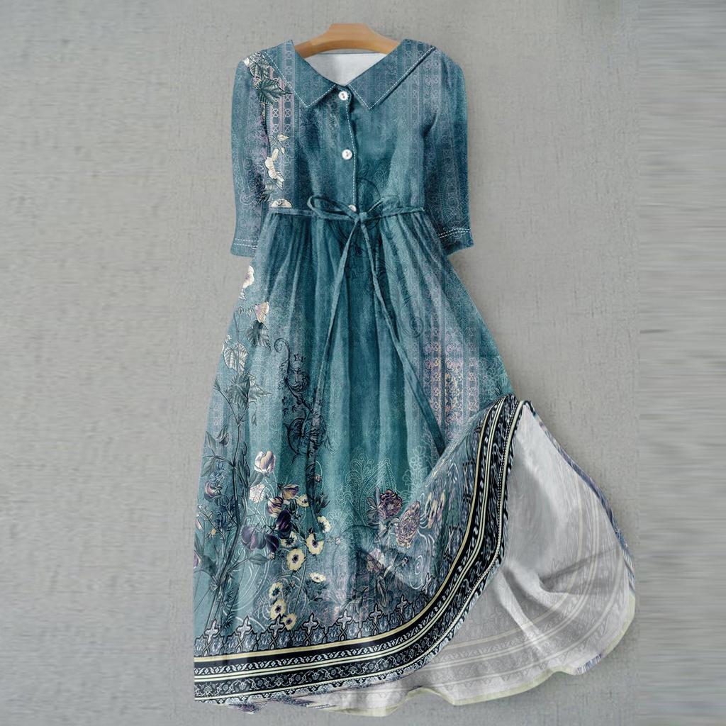 Women's Fashion Casual Printed Lapel Collar Button 3/4 Sleeve Clothing Straps Dress