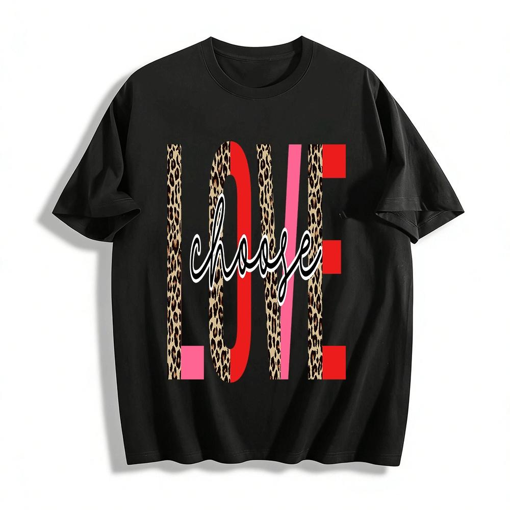 

Vintage Leopard Color Block Choose Love Graphic Casual T-Shirt Pure cotton T-shirt XXS