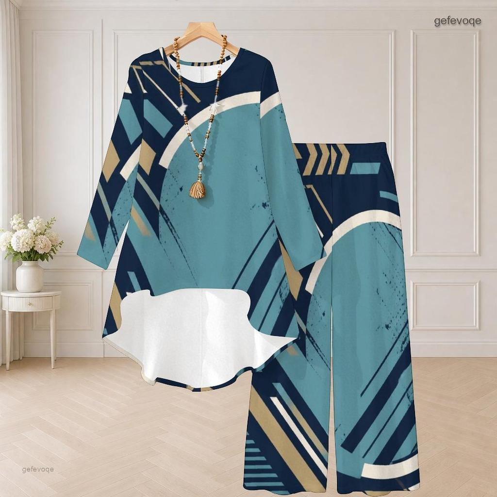 Women Plus Size Round Neck Long Sleeve Printed High Low Top Wide Leg Pants Two Piece Set