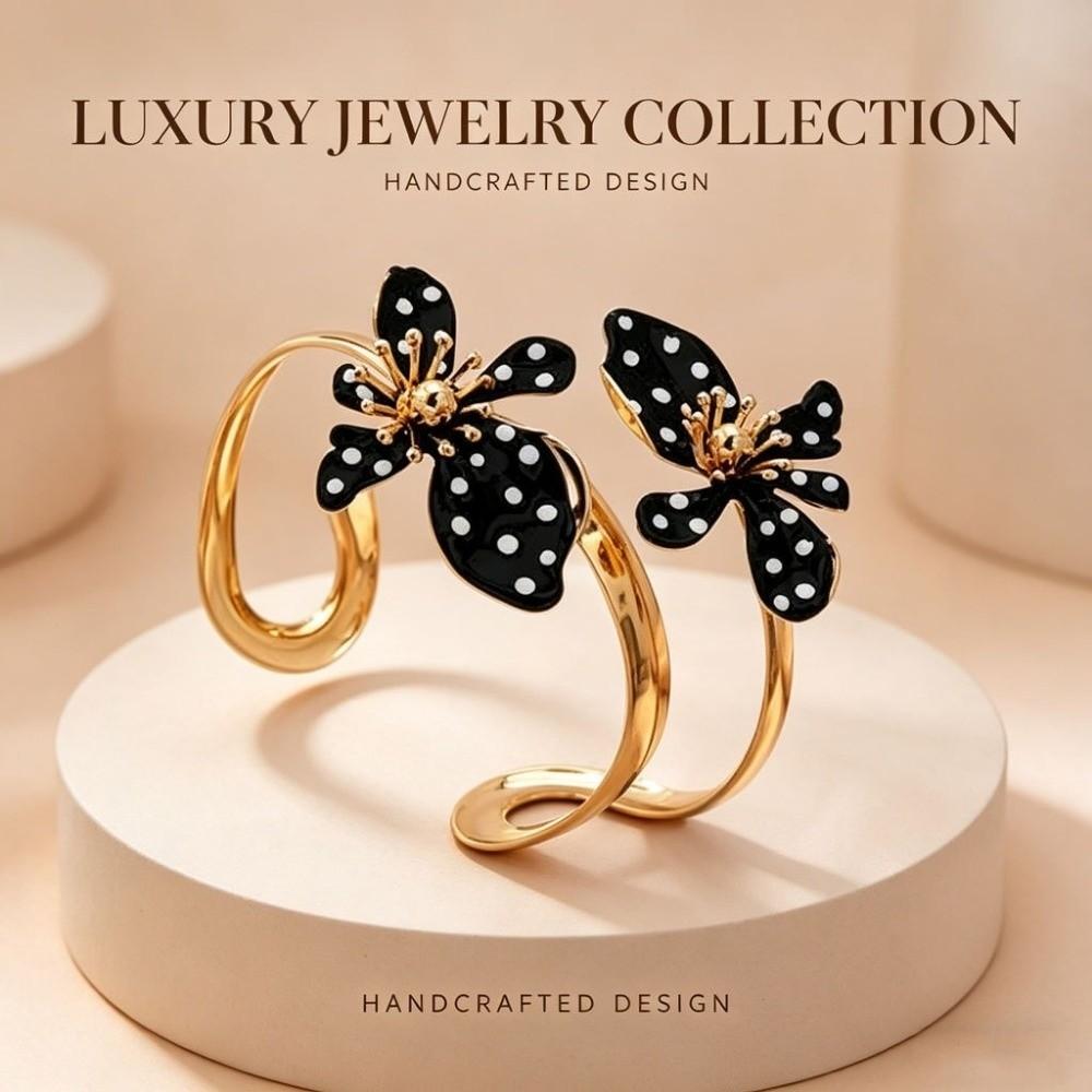 Enamel Glaze Flower Open Bangle Polka Dot Adjustable Bracelet Floral Bracelet  Birthday Gift