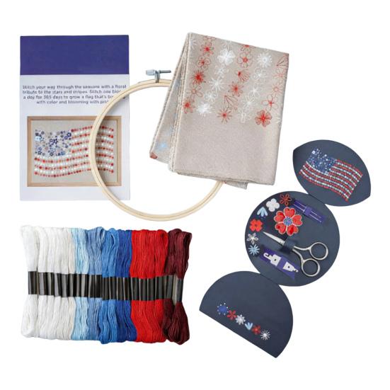 

Набір для вишивки «Червоно-білий цвіт» Набір для вишивки до 250-ї річниці США Набір для вишивки «Квіткові стібки» Патріотичний проект для рукоділля для початківців Любителів рукоділля