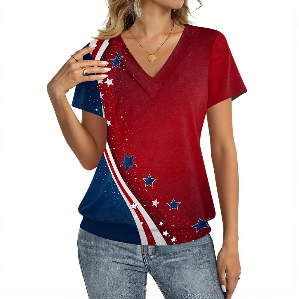 Women's Casual Short Sleeve V Neck Top with Independence Day Flag Print Lightweight Comfortable Summer Shirt for Daily Wear