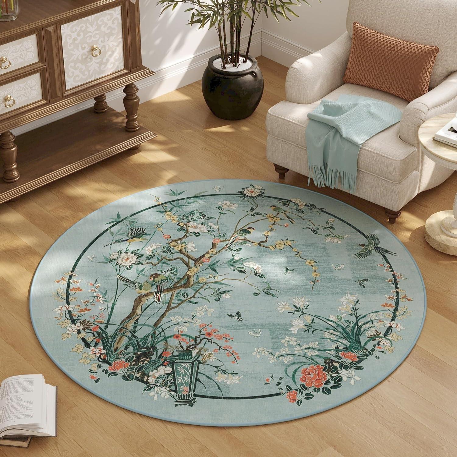 

Chinese Floral Bird Pattern Round Rug Flower Birds Tree Print Classic Home Decor Carpet Soft Non-Slip Floor Mat for Living Room 80cm x 80cm