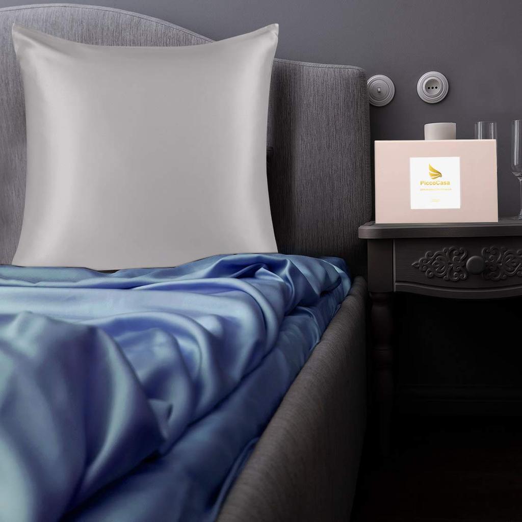 PiccoCasa Silk Pillowcase for Hair and 600 Thread on Each Silk Pillowcase with 80x80cm Skin, Count, 22" Side, "Momme" Zipper, Gray,