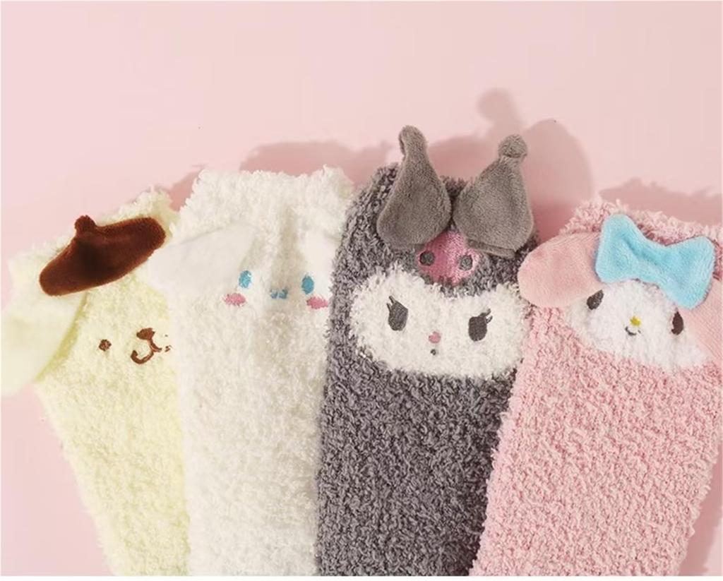 My and Pompompurin Socks Room Soft Cold Indoor Long Socks Cinnamoroll, Kuromi, Melody, 4-Pair Set, Socks, Stay-Stick Socks, Cotton, Antibacterial,