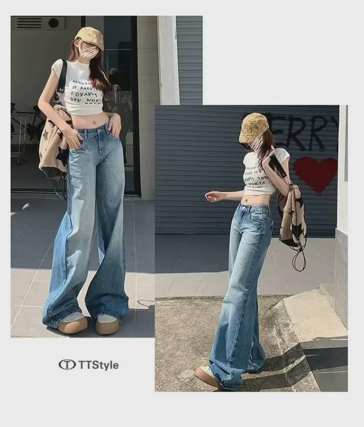 Blue Stone-Milled Wide-Leg Jeans for Women - Retro American Style, Low-Waist, Loose Fit, Drapey, Cracked, Floor-Length Jeans for Spring