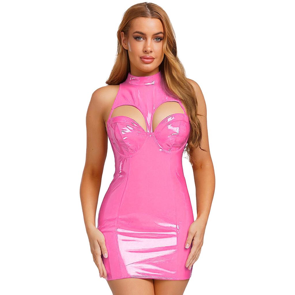 Damska sukienka Bodycon z PU Błyszczący Efekt Mini z Wysokim Dekoltem Bez Rękawów Wycięcia Sukienka Tubowa na Imprezę