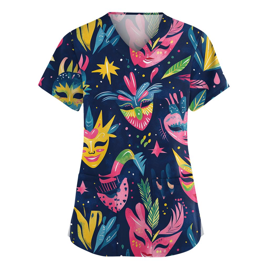 Dammode V-ringad Kortärmad Overall Med Fickor Tryckta Toppar Kläder