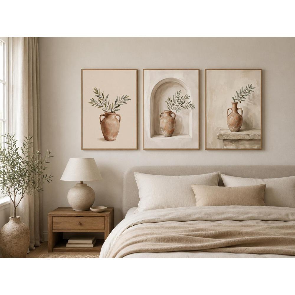3er-Set rahmenlos, Terrakotta-Oliv-Druck, Mediterranes Stillleben Wandkunst, Böhmischer Stil, Wohnzimmer Schlafzimmer Dekoration