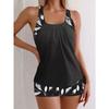 Schwarz Weiß Blattmuster Tankini Set Racerback Hoher Bund Kurzer Badeanzug