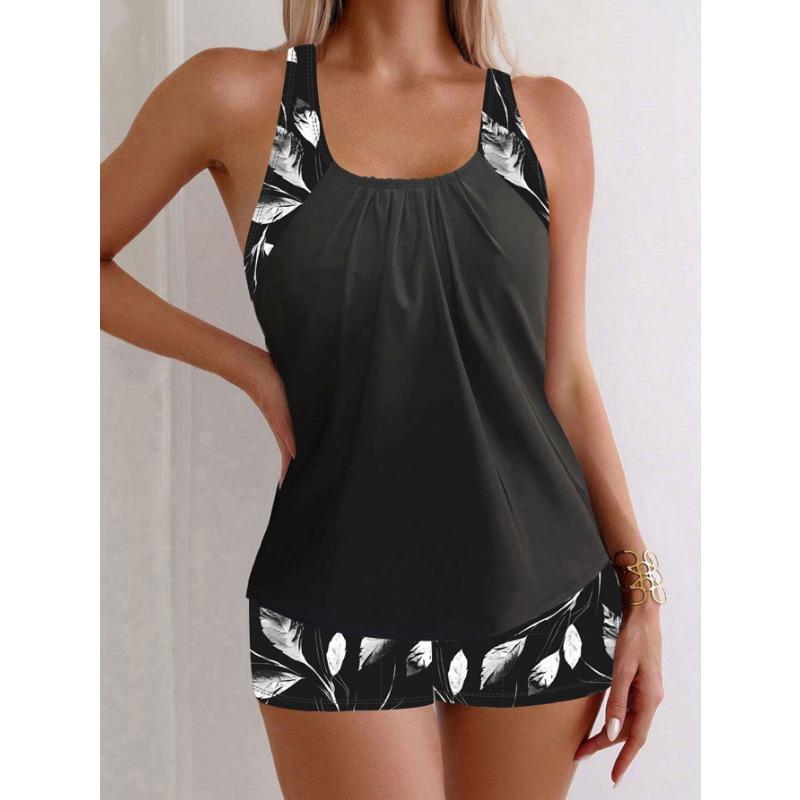 Schwarz Weiß Blattmuster Tankini Set Racerback Hoher Bund Kurzer Badeanzug