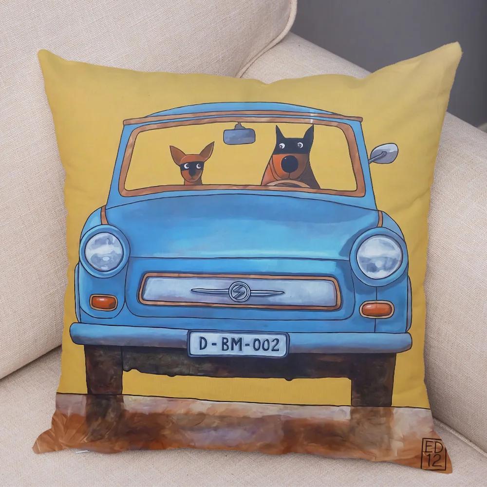 Colorful Cartoon Driving Bus Dog Cute Pet Print Cushion Cover for Home Living Room Sofa Car Decoration Pillowcase