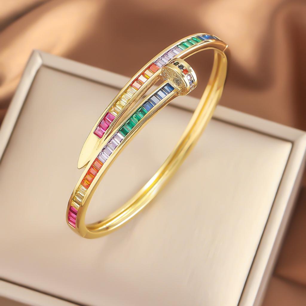 Micro Inlaid Zircon Colored Gold Copper Zircon Nail Bracelet with Adjustable Street Opening