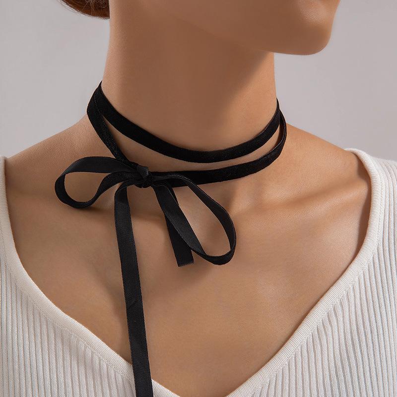 Accessories Baroque pearl round bead necklace black ribbon bow choker temperament strap female