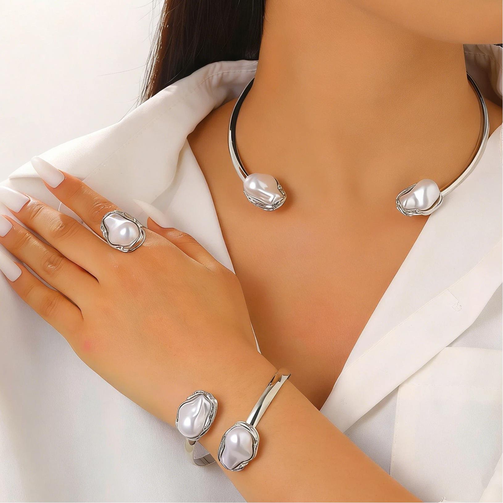 Набор украшений из барочного жемчуга: Ожерелье, Серьги, Кольцо, Браслет, Чокер для Женщин