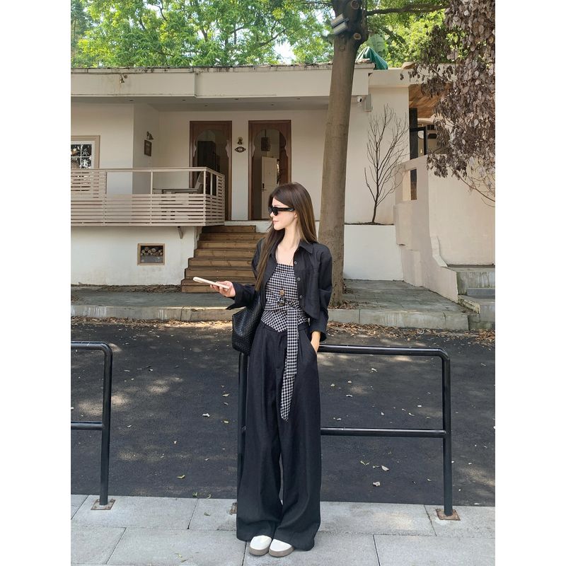 Retro Cardigan Short Outerwear Plaid Sling Vest Suit Women Autumn Straight Wide Leg Pants Casual Pants Three-Piece Suit