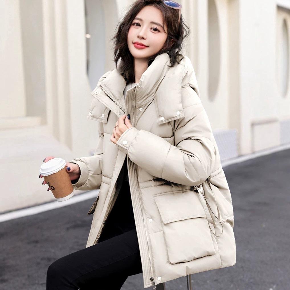 Waist hooded cotton clothes women's new medium and long loose thickened warm student winter coat tide