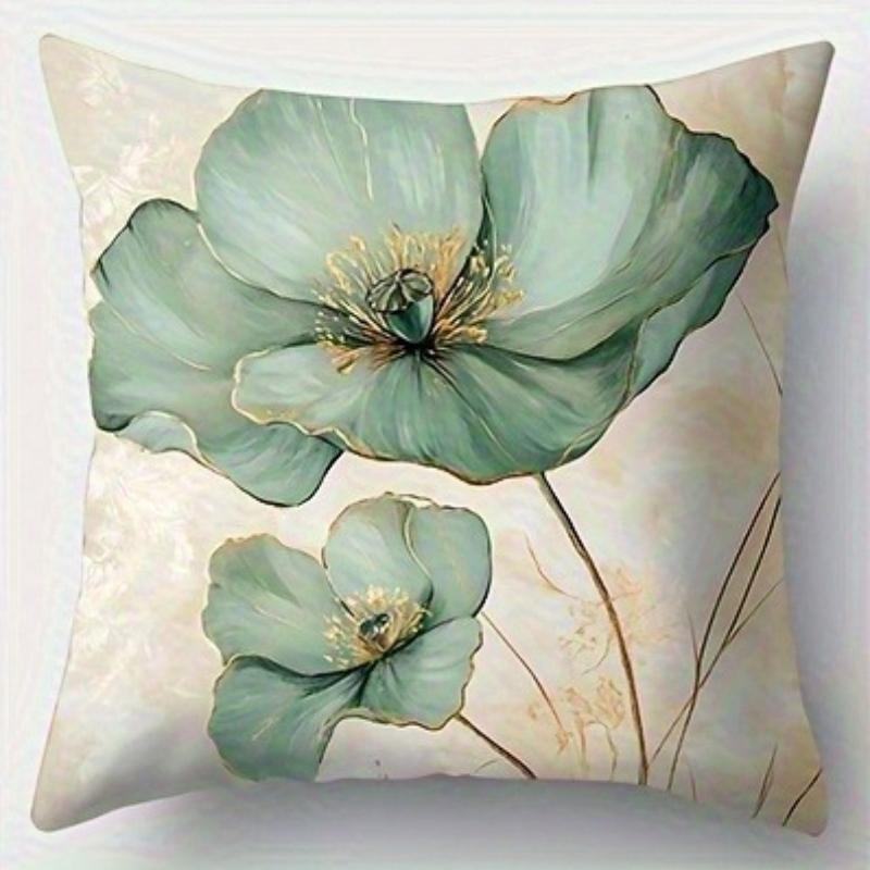 Vintage Floral Pillow Covers Teal Lotus Pattern Cushion Covers Zippered Single Sided Sofa Living Room Bedroom Home Botanical Art