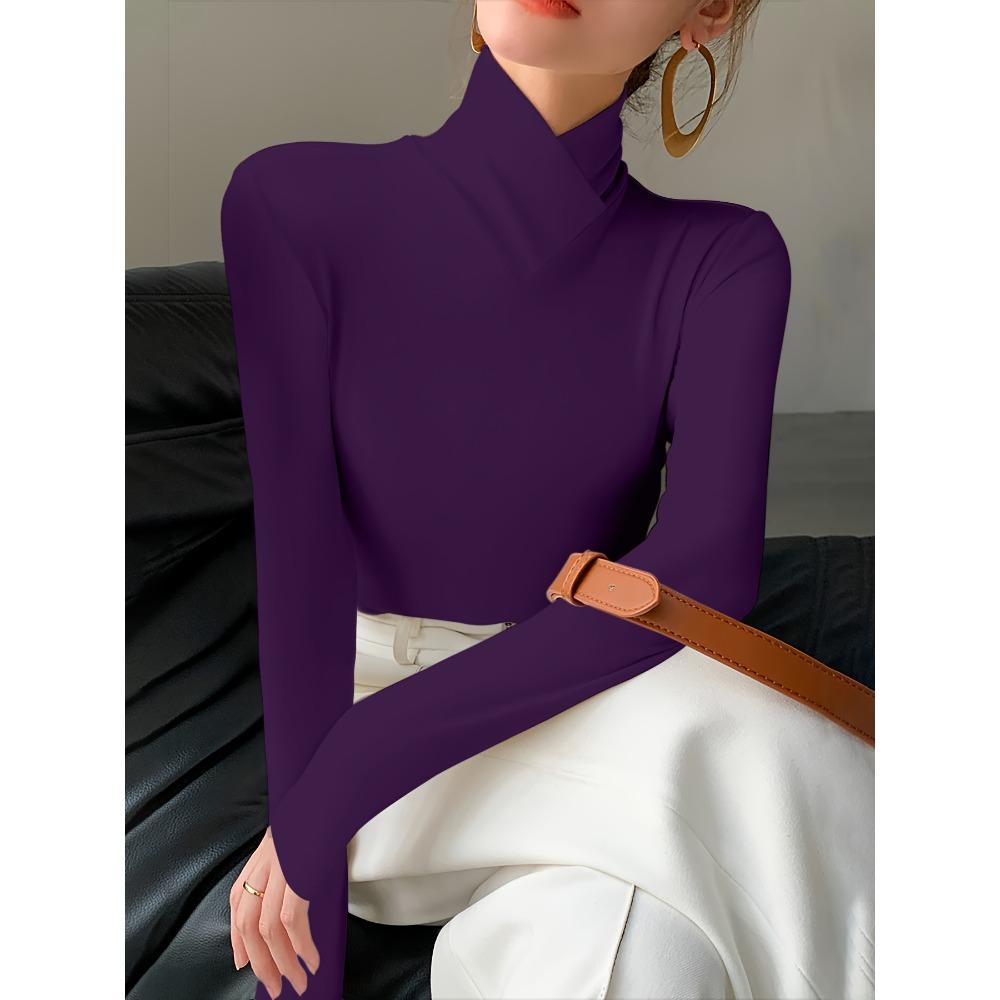 Women's Elegant Purple Long-sleeved T-shirt, Elastic and Comfortable Fit, Casual and Comfortable for All Seasons