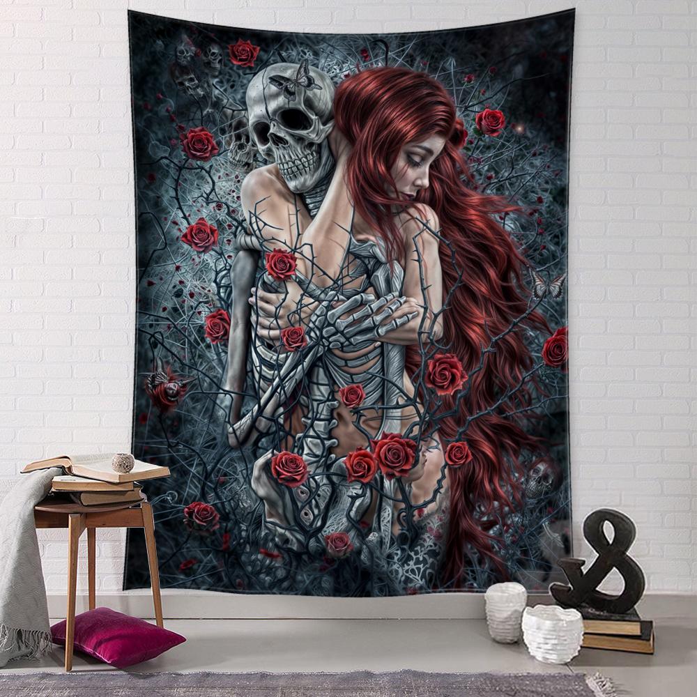 Skeleton And Beauty Tapestry Wall Hanging Abstract Art Witchcraft Bohemian Hippie Tapitz Halloween Living Room Home Decor